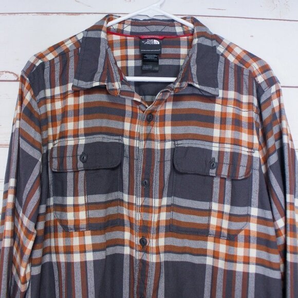 The North Face Grey Orange Flannel Plaid Button Down Shirt Men's Large - Picture 4 of 9